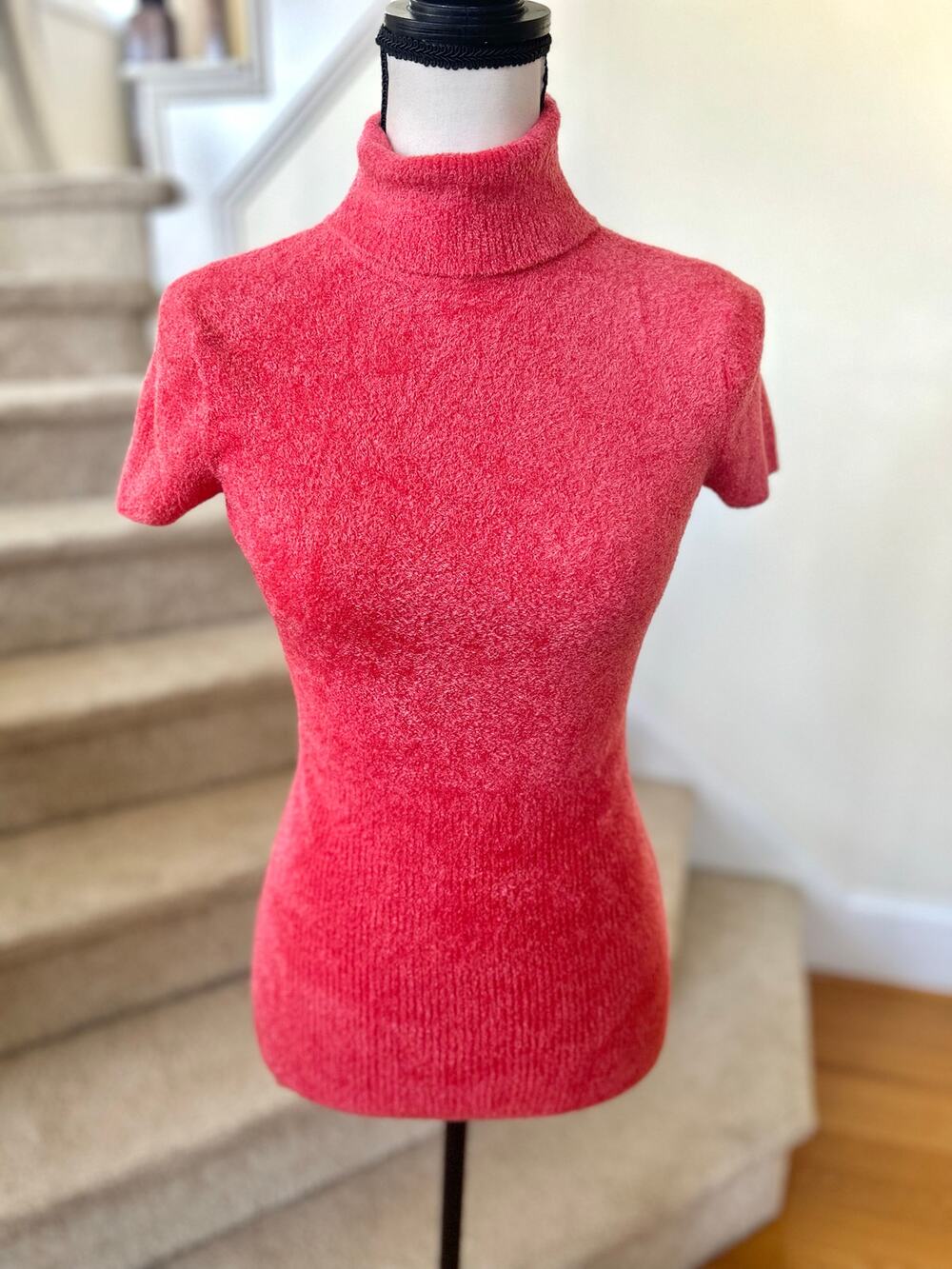 Vintage Y2K Cache Hot Pink Fleece Short Sleeve Turtleneck Baby Doll Preppy